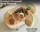 Oval Coffee Table Metal Glass Tea Table Modern Minimal 2-Tier Center Table with Storage Cabinet and Universal Wheels