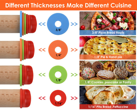 Rolling Pin with 4 Adjustable Thickness Rings 13.6 Inch Rolling Oin Marked with Inch for Baking, Dough, Cookie,Cake,Fondant, Pizza, Pie Crust