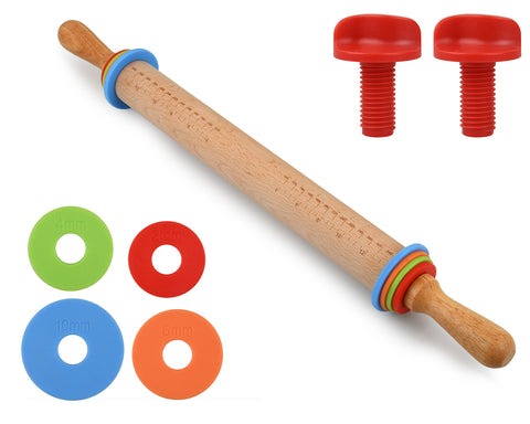 Rolling Pin with 4 Adjustable Thickness Rings 13.6 Inch Rolling Oin Marked with Inch for Baking, Dough, Cookie,Cake,Fondant, Pizza, Pie Crust