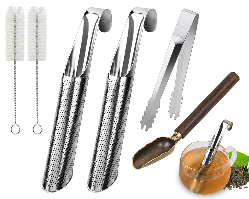 Tea Infuser Set of 6 Pieces (Includes 2 Stainless Steel Hanging Hook Tea Strainers, 2 Brushes, 1 Tea Scoop, and 1 Clip)