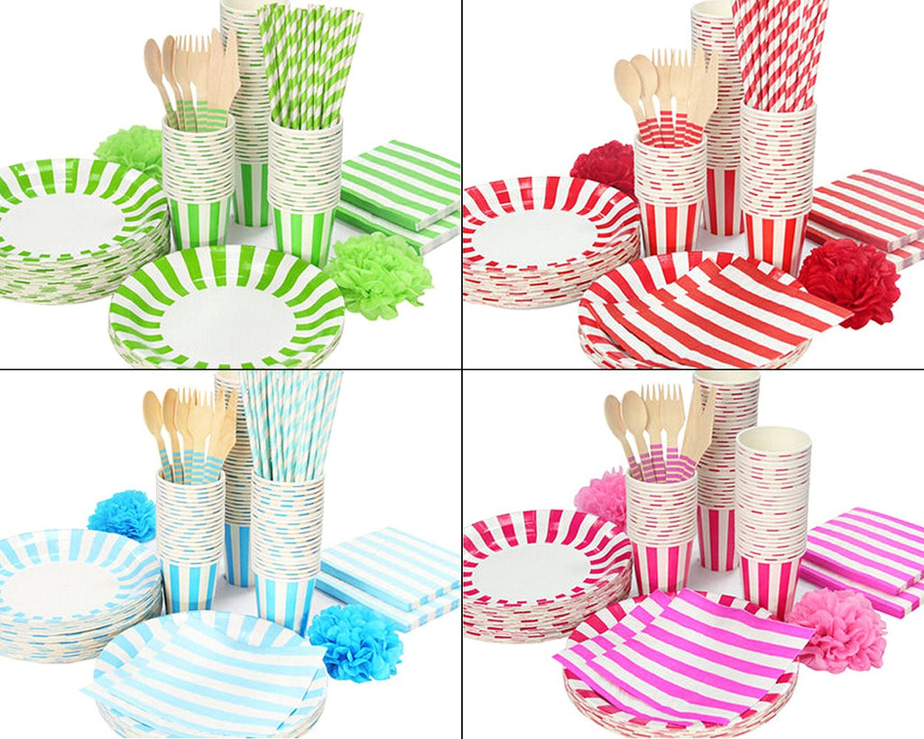 12 Sets Disposable Wood Cutlery Party Set with Stripe Pattern