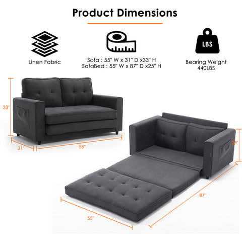 DS. DISTINCTIVE STYLE Pull Out Sofa Bed 55 Inch Width Convertible Sleeper Sofa Couch with Pullout Bed 2-in-1 Floor Futon Sofa Bed with Side Pockets