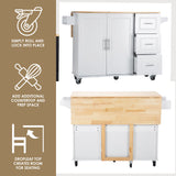 Kitchen Island 53 Inch Rolling Kitchen Cart with Foldable Rubber Wood Table Top, Adjustable Shelf Inside Cabinet, 3 Drawers