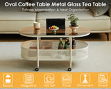 Oval Coffee Table Metal Glass Tea Table Modern Minimal 2-Tier Center Table with Storage Cabinet and Universal Wheels