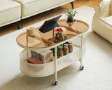 Oval Coffee Table Metal Glass Tea Table Modern Minimal 2-Tier Center Table with Storage Cabinet and Universal Wheels