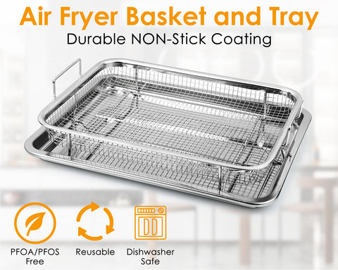 Air Fryer Basket and Tray Set of 2 Pieces 13 x 10 Inches Stainless Steel Filter Basket for Oil Filtering, Cooling Drain, Baking and Crispy Foods