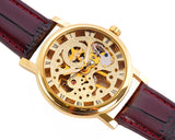 Winner Skeleton Brown Leather Hand Winding Mechanical Watch D160-Gold