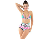 Geometric Print Halter Bikini with High Waist Bottom Set